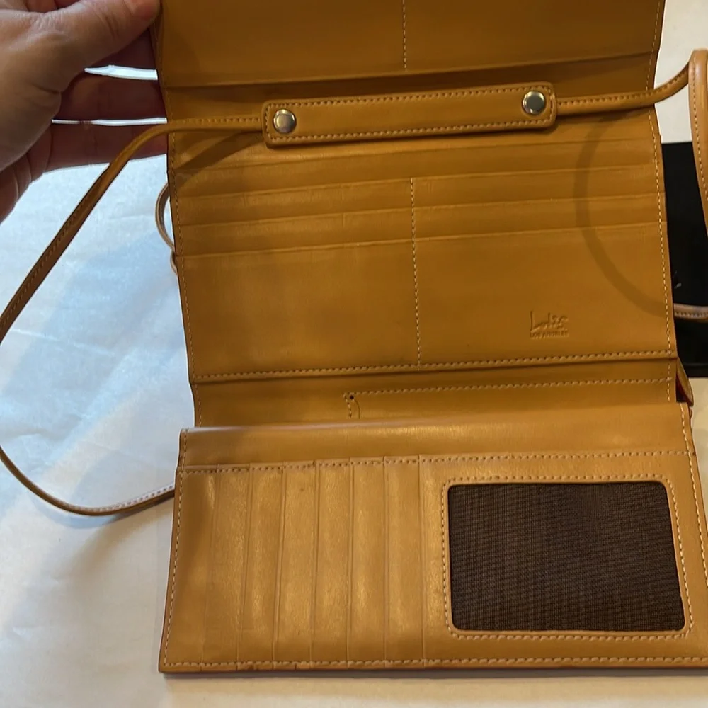 Lodis Audrey Leather Clutch Wallet VTG Tan Crossbody, Fold-Over Flap Checkbook